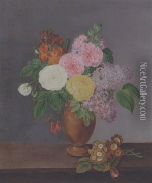 Roser Og Syrener I En Vase Pa En Karm Oil Painting - Claudius Ditlev Fritzsch