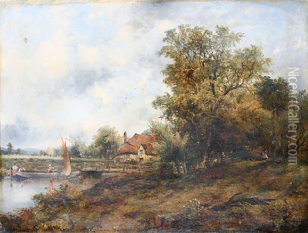 Cottage On The Stour, With Figures In A Boat And A Traveller On A Wooded Pathway Oil Painting - Frederick Waters Watts