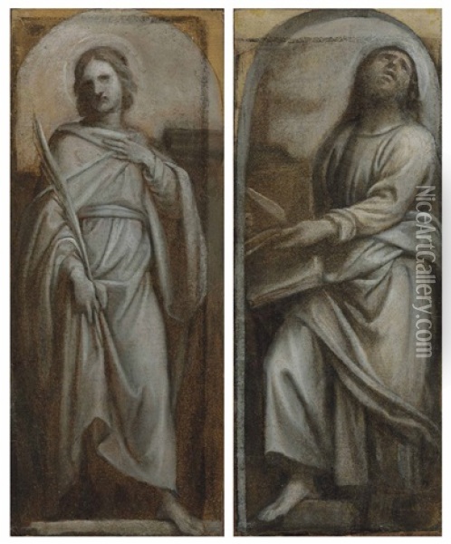 Saint John The Evangelist; And Saint Bartholomew Oil Painting - Enea Salmeggia