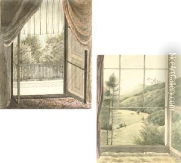 Two Views Taken From The Drawing Room At Norbury Park, Surrey Oil Painting - Diana Sperling