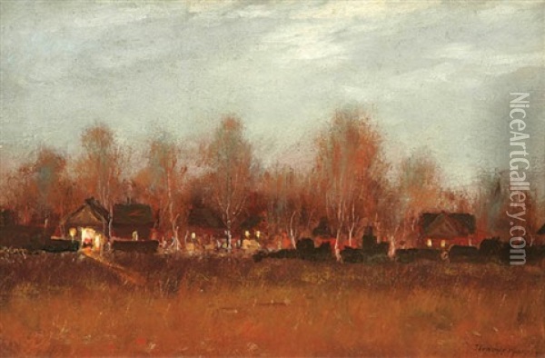Landscape At Dusk With Houses Oil Painting - John Francis Murphy