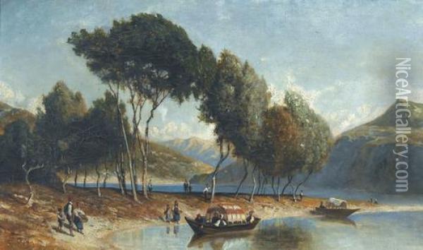 Sommerliche Flusslandschaft Mit Barken Und Staffage Oil Painting - Karl Girardet
