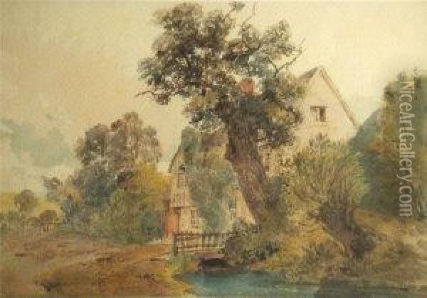 A Building By A Tree With A Stream To The Foreground Oil Painting - Peter de Wint