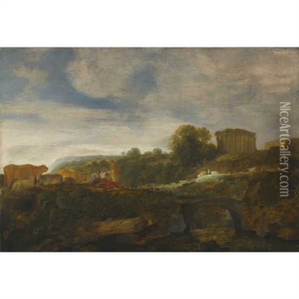 Arcadian Landscape With Resting Shepherds With Their Cattle, Antiquities Beyond Oil Painting - Moyses van Uytenbroeck