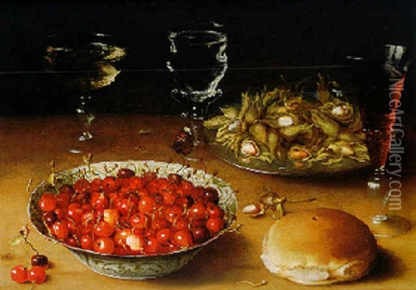 Still Life With A Butterfly, Cherries In A Wan-li Porcelain Bowl, Hazelnuts, Wineglasses And Bread, All On A Tabletop Oil Painting - Osias Beert the Elder