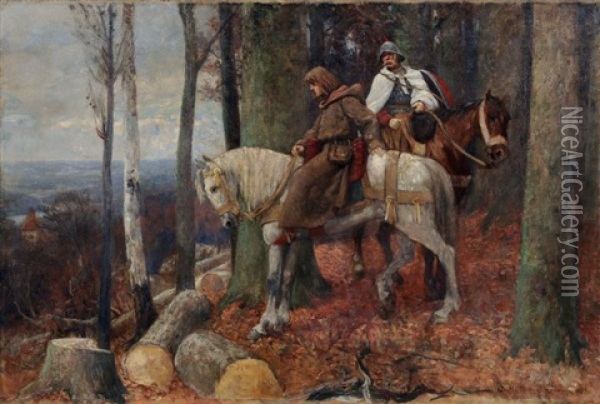 Ritter Und Monch Zu Pferde Auf Einer Waldigen Anhohe Mit Blick In Ein Flusstal (elbe?) Oil Painting - Georg Mueller-Breslau