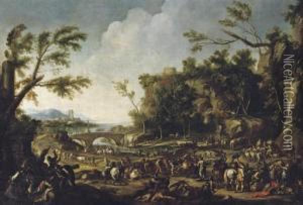 Soldiers Robbing Merchants In An Extensive Rocky River Landscape Oil Painting - Pandolfo Reschi
