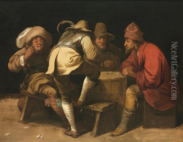 Interior With Cavaliers Playing Dice Over A Marching Drum Oil Painting - Pieter Jansz Quast