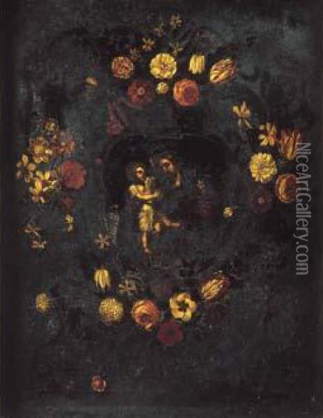 St Joseph Et L'enfant Jesus Dans Une Guirlande De Fleurs Oil Painting - Josefa De Ayala