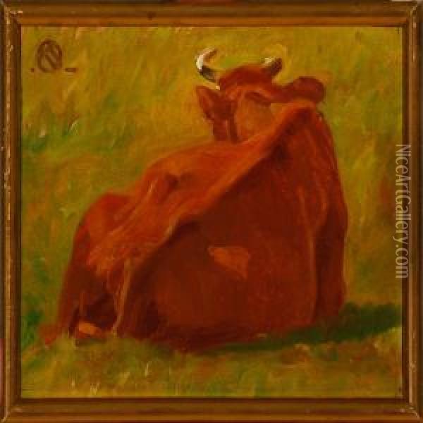 Two Cow Studies Oil Painting - Knud Sinding