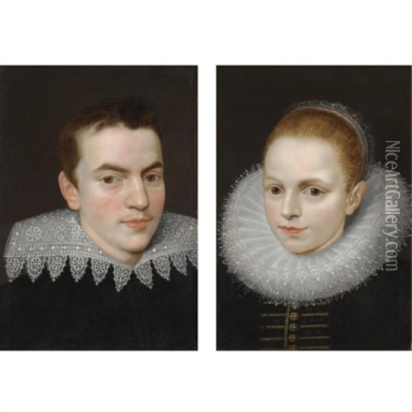 Portrait Of A Young Gentleman (+ Portrait Of A Young Lady; Pair) Oil Painting - Frans Pourbus the younger