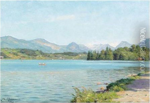 A Swiss Lake, Signed And Dated 1921, Oil On Canvas, 34 X 48 Cm.; 13 1/2 X 19 In Oil Painting - Axel Birkhammer