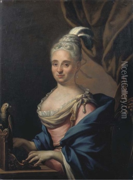 Ritratto Di Gentildonna, A Mezzo Busto, Seduta Ad Un Virginale Con Pappagallo Oil Painting - Giuseppe Bonito