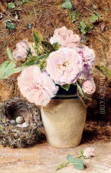 Still Life With Roses In A Vase And A Birds Nest Oil Painting - William Henry Hunt