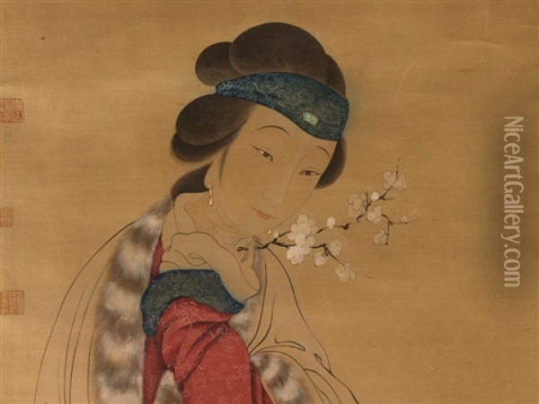 Lady With Plum Blossom Branch Oil Painting -  Hu Xigui