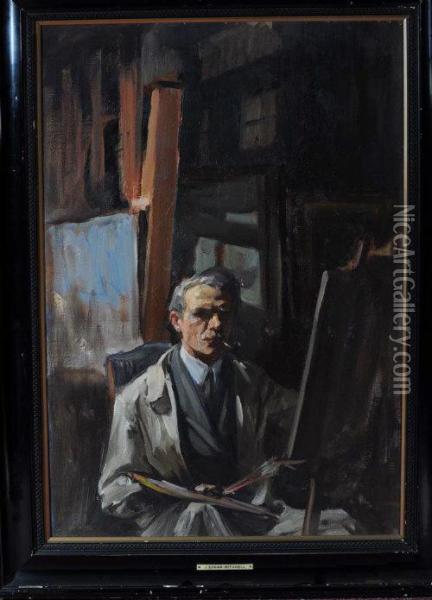 A Portrait Of The Artist Working In His Studio Oil Painting - James Edgar Mitchell