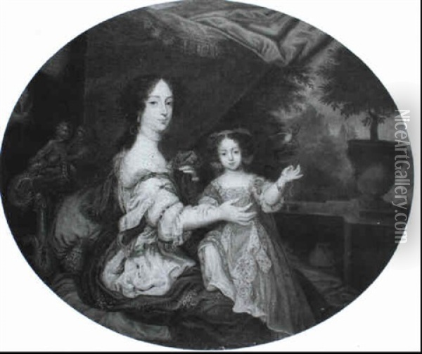 A Portrait Of An Elegant Lady, Believed To Be Barbara,      Duchess Of Cleveland, With Her Daughter,...lady...fitzroy... Oil Painting - Henri Gascars