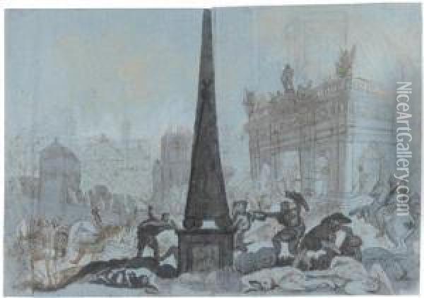 A Monumental Battle Scene By An Obelisk And A Classicalgate Oil Painting - Augustinus I Terwestenl Parodijsvogel