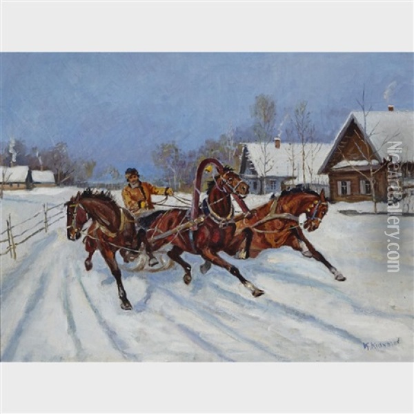 Troika Racing Through The Village Oil Painting - Konstantin Kuznetsov