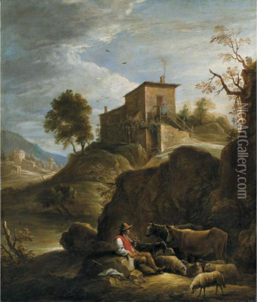 Pastoral Landscape With A 
Herdsman Playing A Pipe Near A Waterfall Oil Painting - David The Younger Teniers