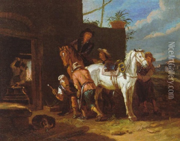 Ein Schimmel Wird Vor Der Schmiede Beschlagen Oil Painting - Pieter van Bloemen
