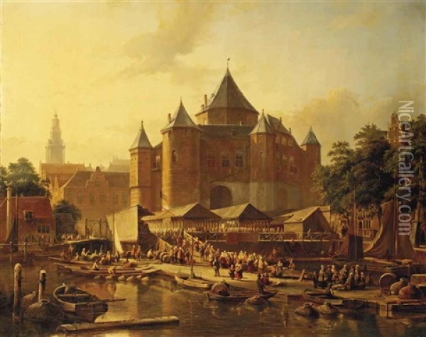 A Fish Market By De Waag On The Nieuwmarkt, Amsterdam Oil Painting - Kasparus Karsen