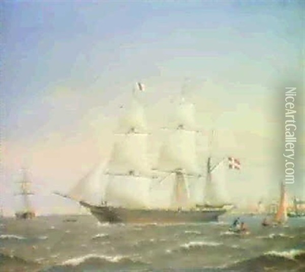 Marine Med Sejlskibe Ud For Kobenhavns Havn Oil Painting - Carl Ludwig Bille