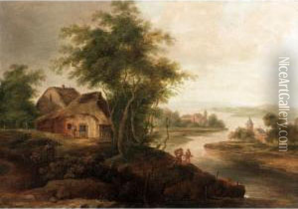 River Landscape With A Cottage Oil Painting - Franz Schutz