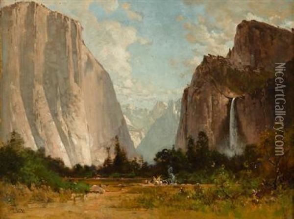 An Indian Encampment In The Yosemite Valley Oil Painting - Thomas Hill
