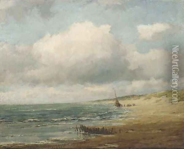 Aan het Noordzeestrand beach with a Bomschuit Oil Painting - Carl August Breitenstein