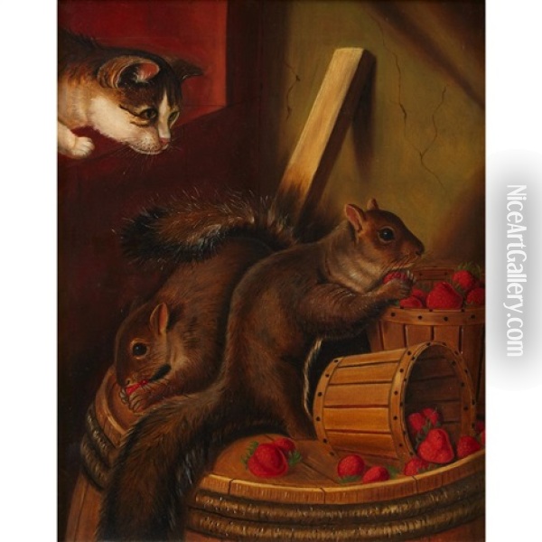 Two Squirrels Eating Strawberries Watched By A Cat Oil Painting - Susan Catherine Waters