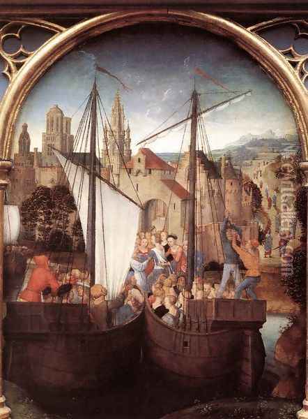 St Ursula Shrine- Arrival in Basle (scene 2) 1489 Oil Painting - Hans Memling
