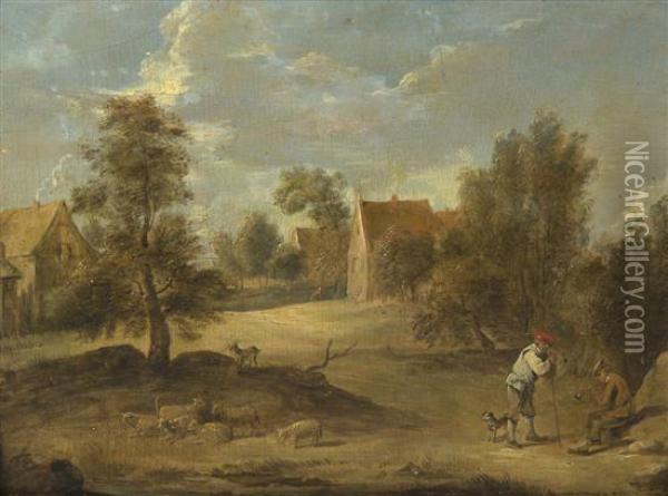 A Village And Two Shepherds With Their Flock Oil Painting - David The Younger Teniers