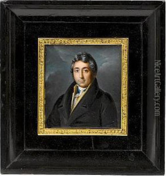 A Gentleman, Wearing Black Coat, Light Yellow Waistcoat And Blue Cravat Oil Painting - Alexander Nikolaevich Sprevitch