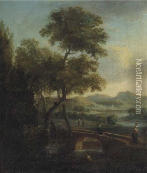 A River Landscape With Figures On A Bridge Oil Painting - Pieter Bout