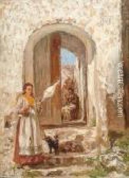 A Mediterranean Scene With A Woman In An Archway Oil Painting - James Charles