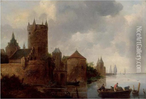 A River Landscape With A Fishing Boat Near A Fortified Town With A Tower Oil Painting - Jan van Goyen