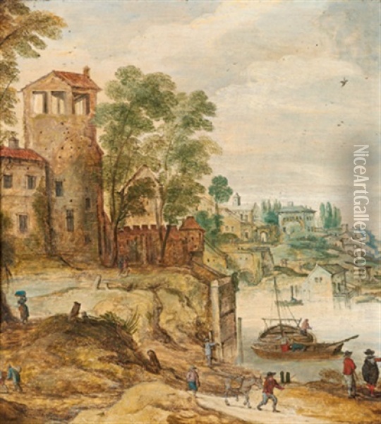 Stadt An Einem Fluss Mit Booten Und Figuren Oil Painting - Philips de Momper the Elder