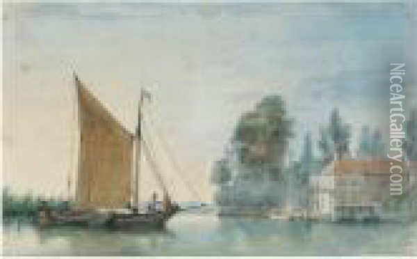 A Boat Approaching A Mill On The Papendrecht Dike, By Dordrecht Oil Painting - Aert Schouman
