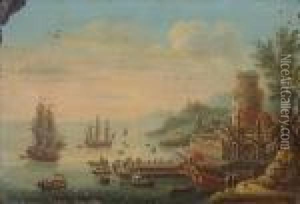 A Mediterranean Harbor Scene With Numerous Ships And Figures In The Foreground Oil Painting - Orazio Grevenbroeck