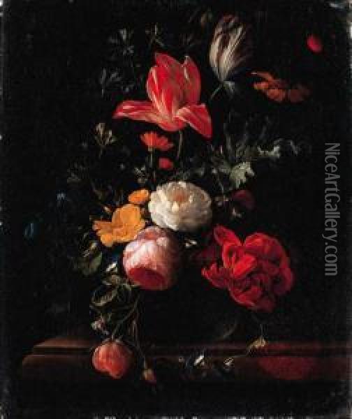 Pink And Red Roses, Parrot 
Tulips, Camellias, Marigolds And Otherflowers In A Vase On A Ledge Oil Painting - Carl Wilhelm de Hamilton