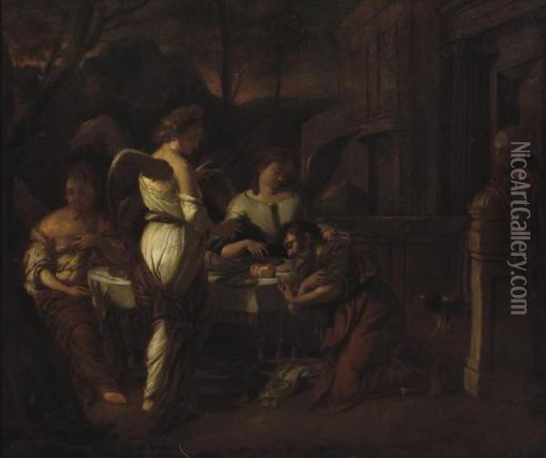Abraham Entertaining The Three Angels Oil Painting - Hendrick Heerschop or Herschop