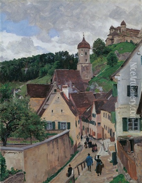 Harburg An Der Wornitz. Uber Dem Ort Die Burg Der Fursten Zu Oettingen-wallerstein Oil Painting - Friedrich Kallmorgen