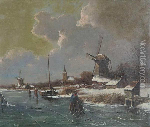 Hollands Bevroren Rivierlandschap Met Figuren Op Het Ijs Nabij Windmolens Oil Painting - Cornelis Kimmel