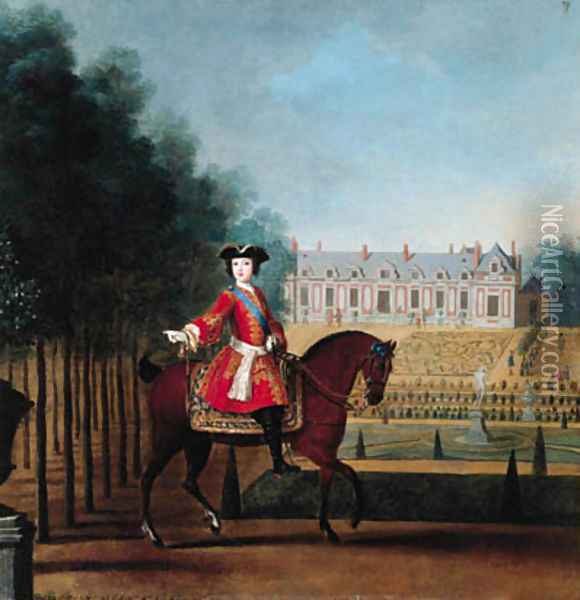 Portrait of a nobleman on horseback, a palace and gardens beyond Oil Painting - Peter Tillemans