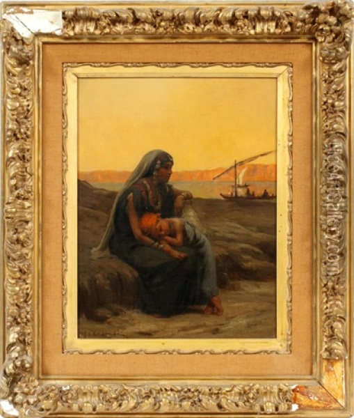 Orientalist Scene Of A Woman And Child Sitting Oil Painting - Frederick Arthur Bridgman