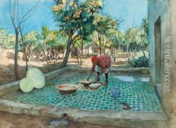 Laying Tiles By The Orange Grove Oil Painting - Amedee Forestier
