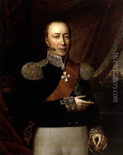 Portrait Of Friedrich Franz I, Grand Duke Of Mecklenburg-schwerin, Wearing The Black Uniform Of The Mecklenburg Infantry, A Sash And Badge Of The Order Of The Black Eagle Of Prussia Oil Painting - Rudolph Friedrich Suhrlandt
