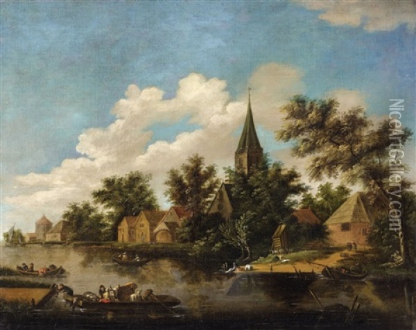 Dutch River Landscape With A Village And Figures Oil Painting - Lambert Hendriksz van der Straaten
