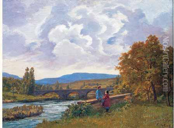 Fillettes Au Bord De Riviere, L'ancien Pont De Port Lesney. Oil Painting - Leon Boudot